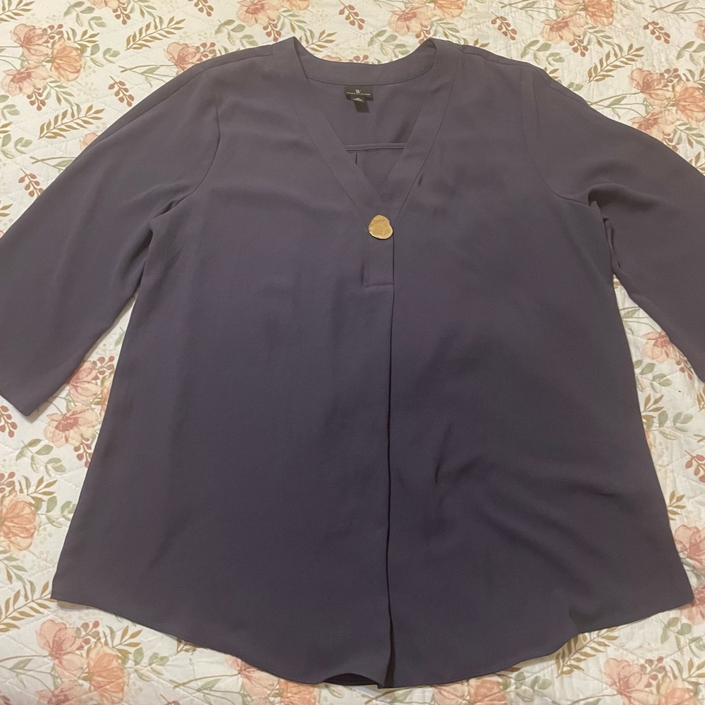 Worthington Deep Blue V-Neck Blouse with Gold Accent